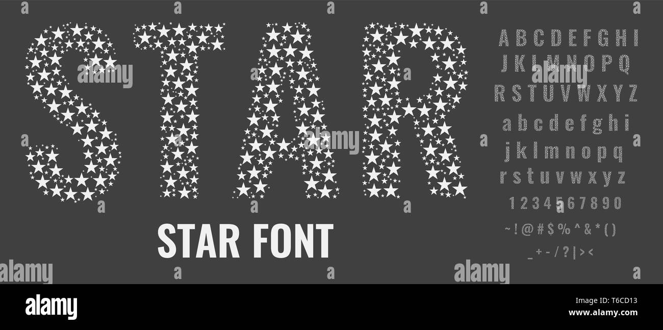 Set of letters made of stars. Creative fonts with capital, small letters, numbers and symbols. Flat vector illustration. Stock Vector