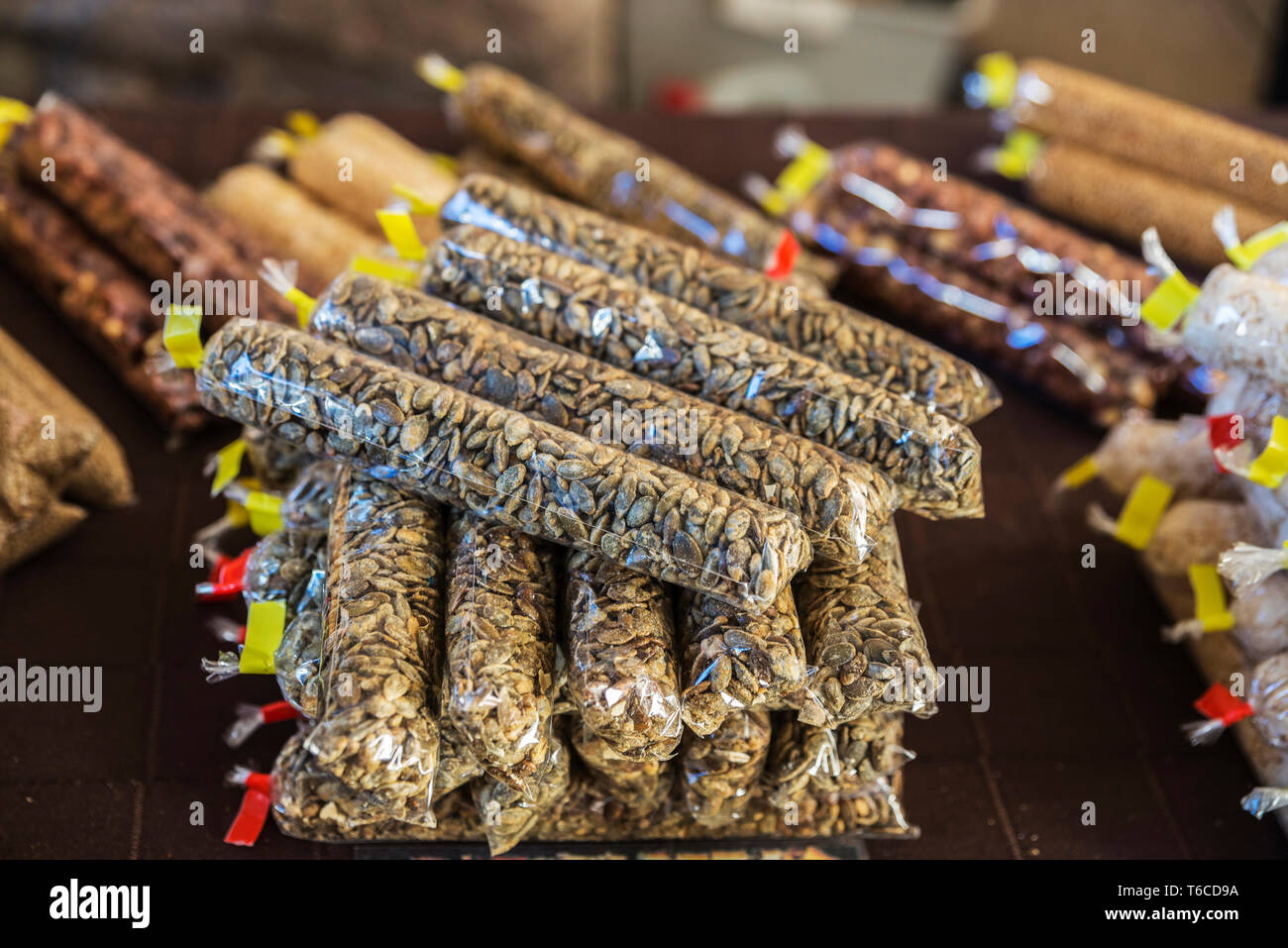 Bags of sunflower seed on a flea market in Spain in Cardona, Catalonia