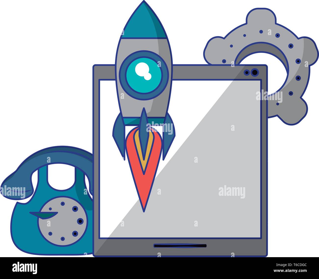 tablet with rocket telephone and gears Stock Vector Image & Art - Alamy