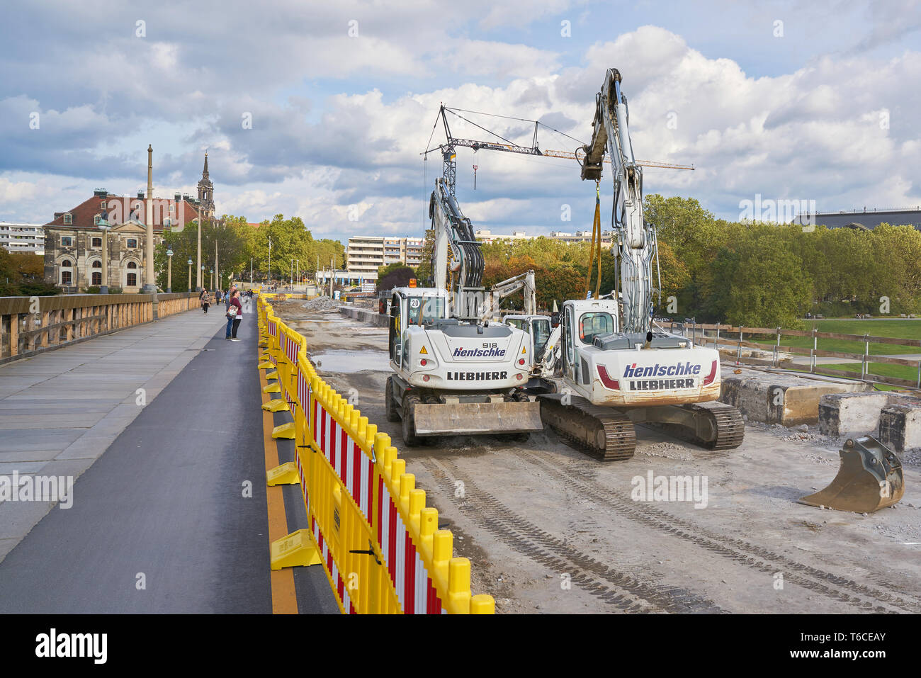 Renovation work on the closed historic Augustus Bridge in Dresden Stock Photo