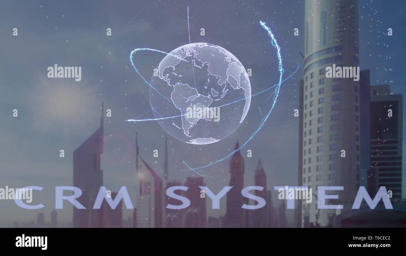 CRM system text with 3d hologram of the planet Earth against the backdrop of the modern metropolis Stock Photo