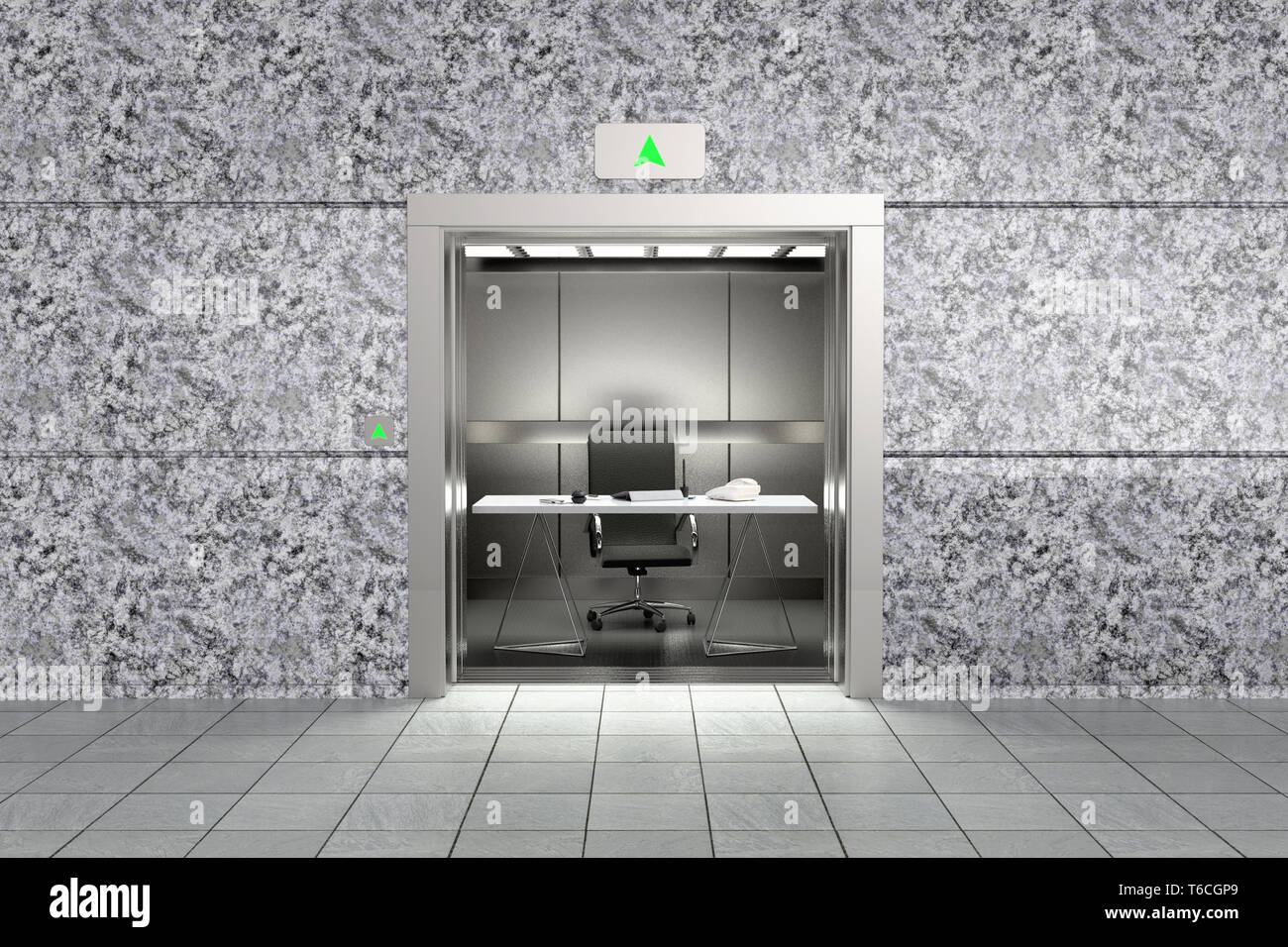3D rendering of a conceptual image representing proffessional sucess with an office inside an elevator going up Stock Photo