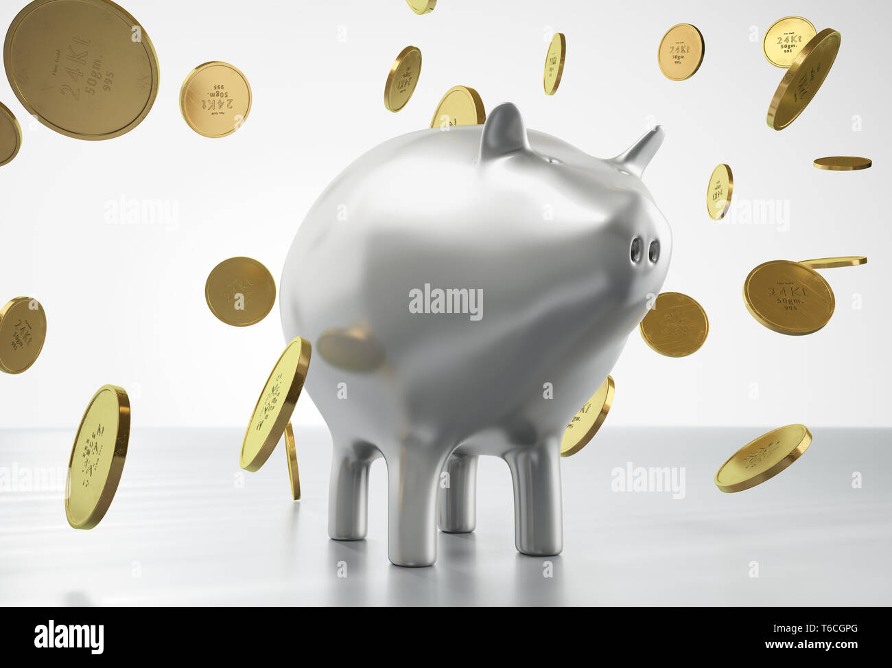 3D rendering of gold coins falling on piggy bank Stock Photo - Alamy