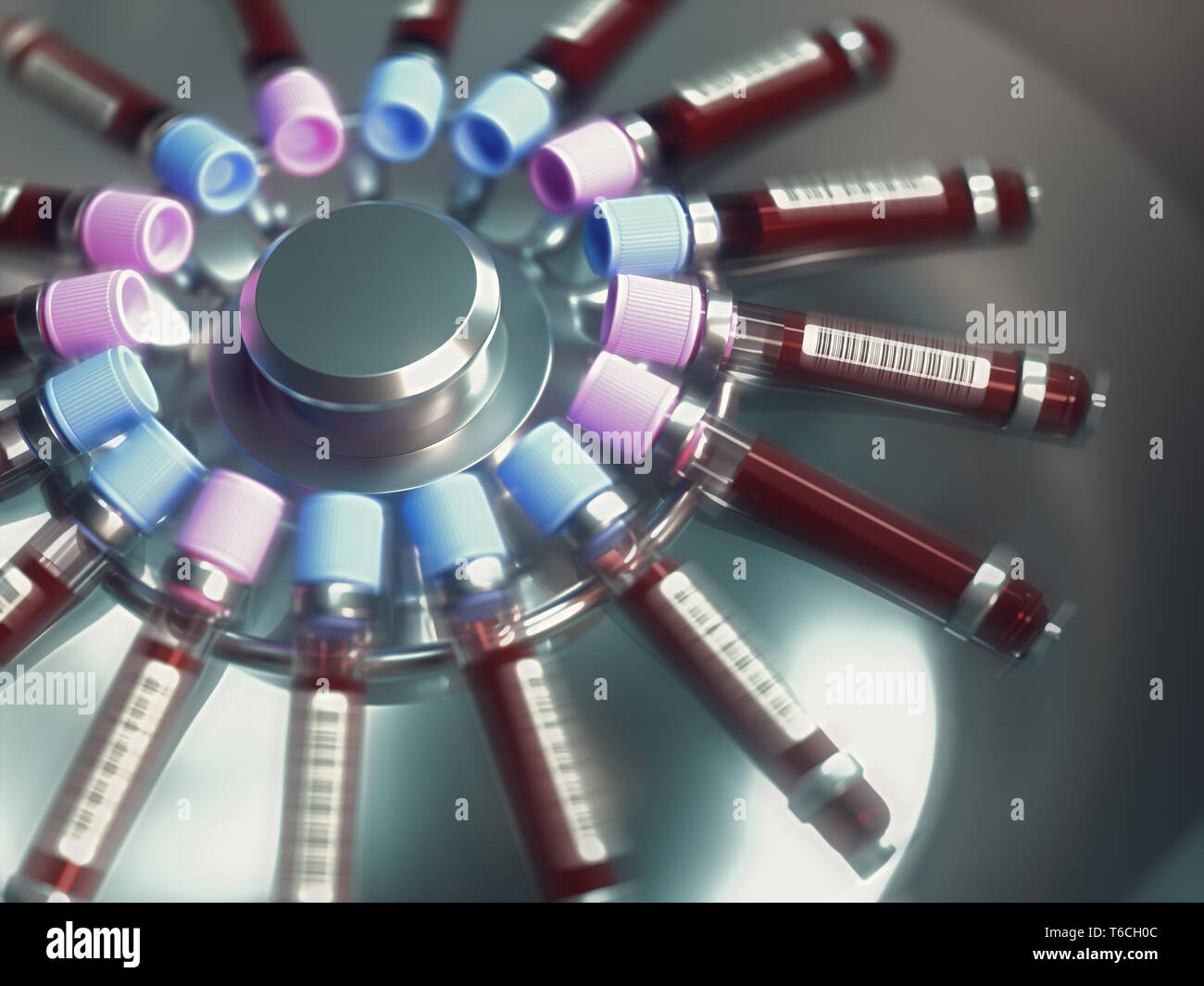 Lab equipment centrifuging blood. Concept image of a blood test. 3D illustration. Stock Photo