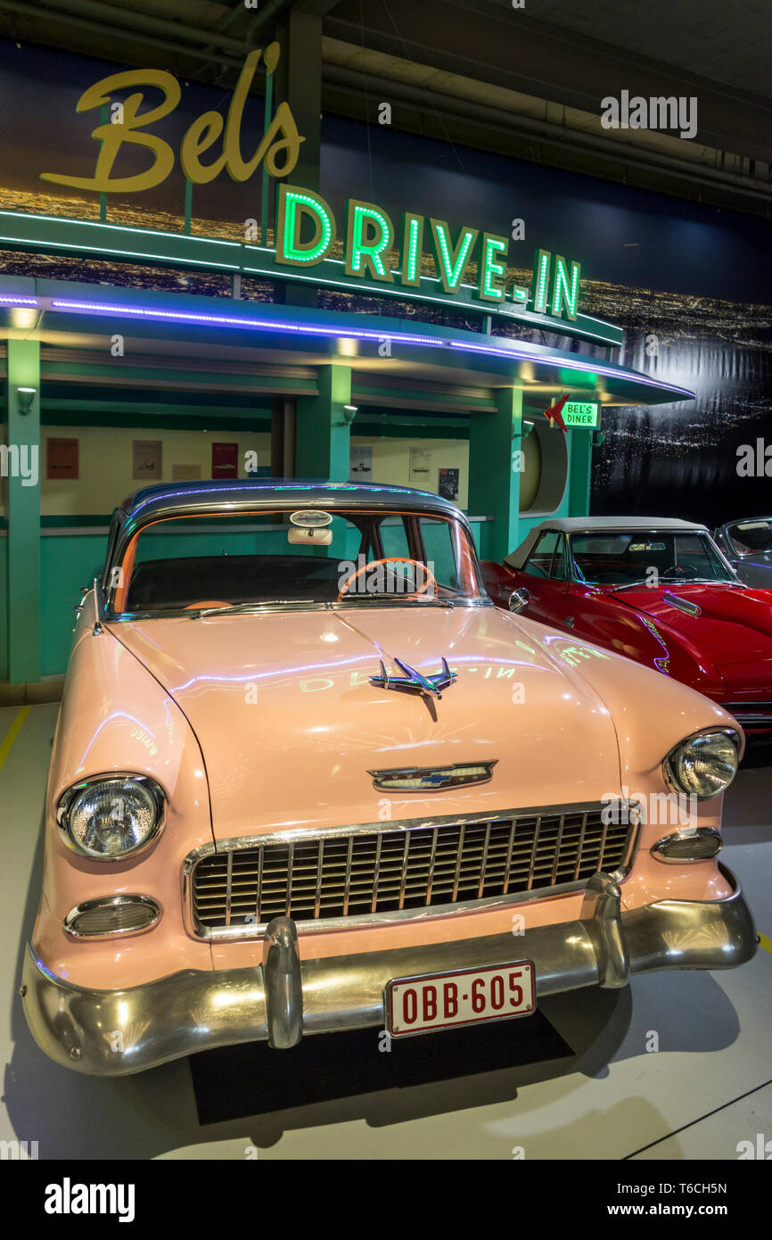 1955 Chevrolet Bel Air, American classic automobile / oldtimer / antique vehicle at Autoworld, vintage car museum in Brussels, Belgium Stock Photo