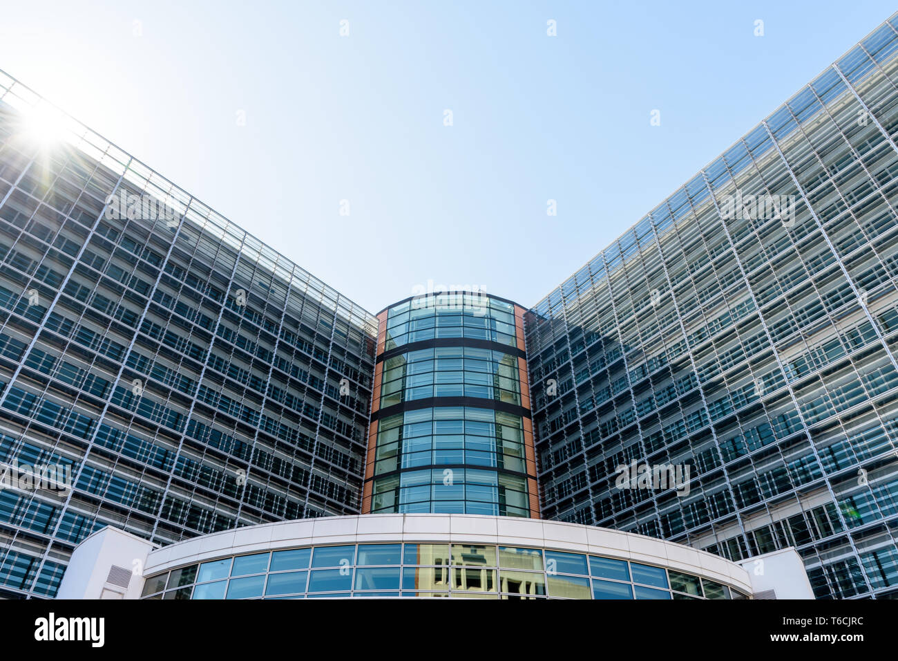 Low angle view of the central core of the Berlaymont building, seat of the European Commission in Brussels, Belgium. Stock Photo