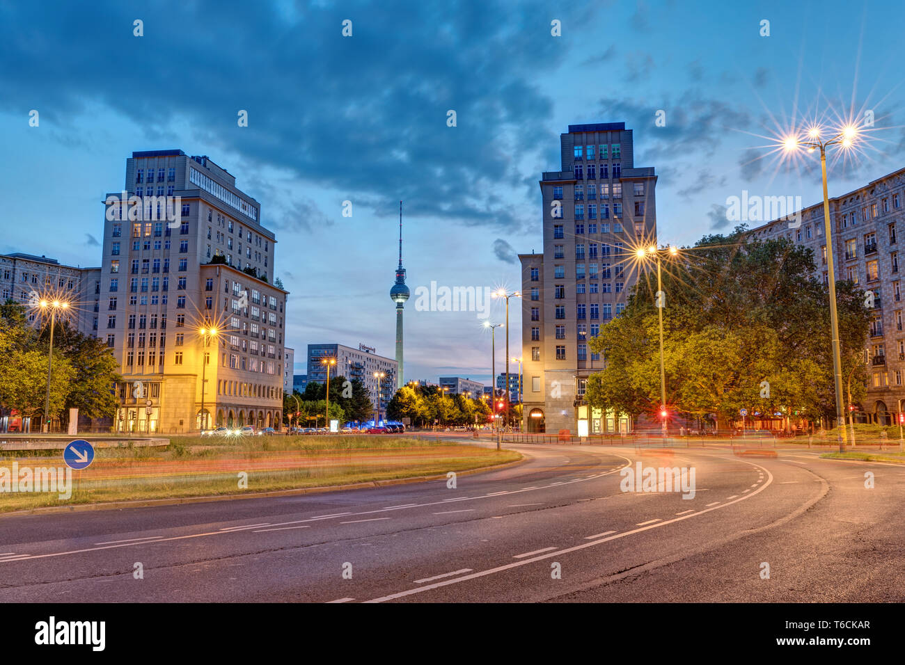 The Strausberger Platz in Berlin with the Television Tower at dusk Stock Photo