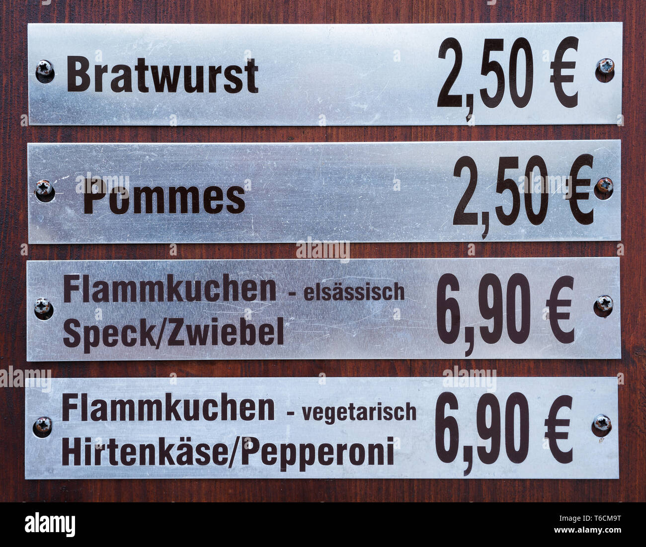 Price tags at a snack bar in Magdeburg Stock Photo