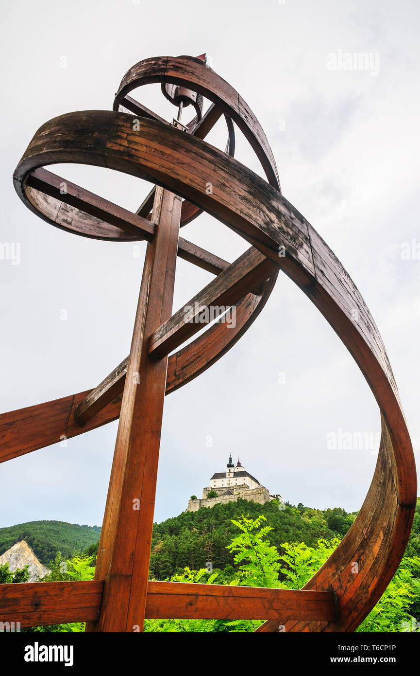 Forchtenstein castle in Burgenland with wooden sculpture Stock Photo