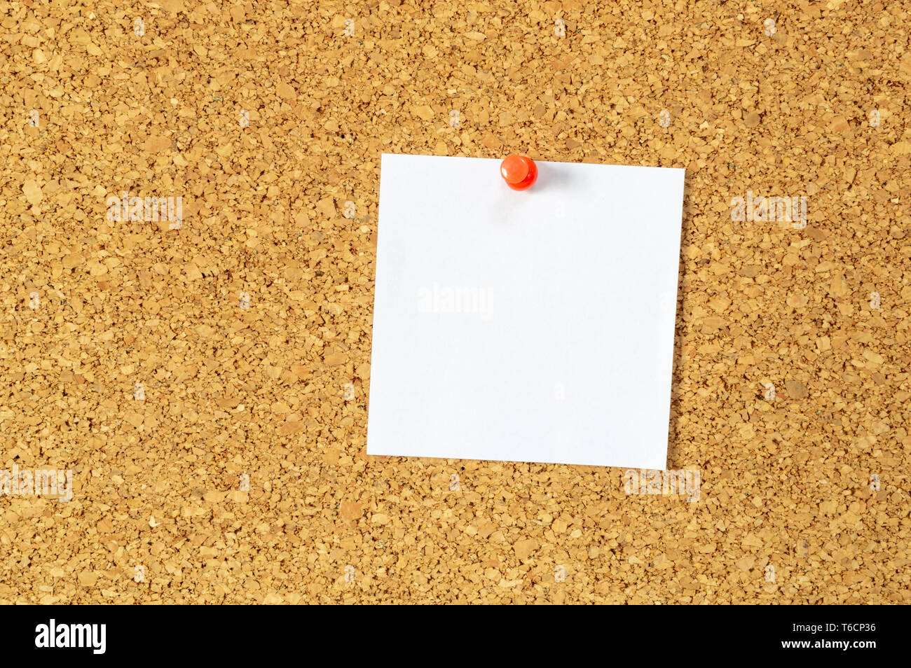 Cork board with pinned blank notepaper. Stock Photo