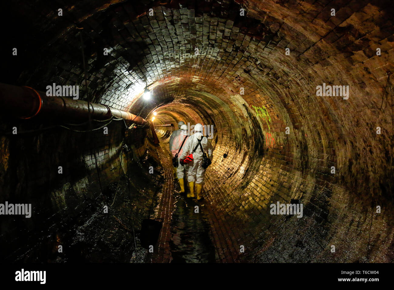 Ruhr area, North Rhine-Westphalia, Germany - Topic picture sewer network transmission, inspection of an old, bricked sewer in need of rehabilitation. Stock Photo