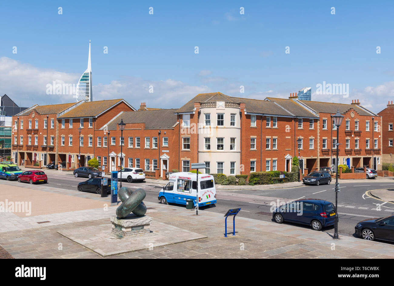 King James Terrace houses, a large corner housing terrace on a corner in Old Portsmouth, Hampshire, England, UK. Modern housing terraces. Stock Photo