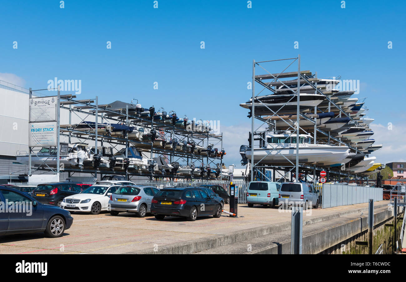 KB (Ken Brown) Boat Park Dry Stack, a dry dock boat stack on land in Portsmouth, Hampshire, England, UK. Stock Photo