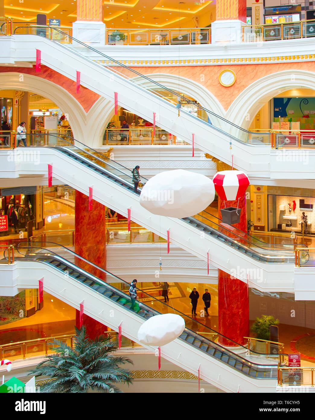 Shopping mall escalators, Shanghai, China Stock Photo