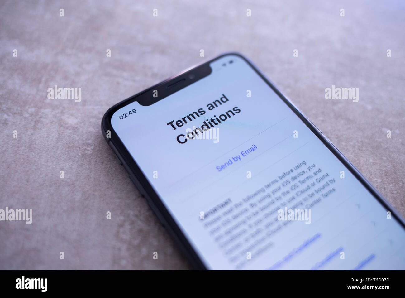 Apple Iphone XS Space Gray Close Up of Terms and Conditions Screen Stock Photo
