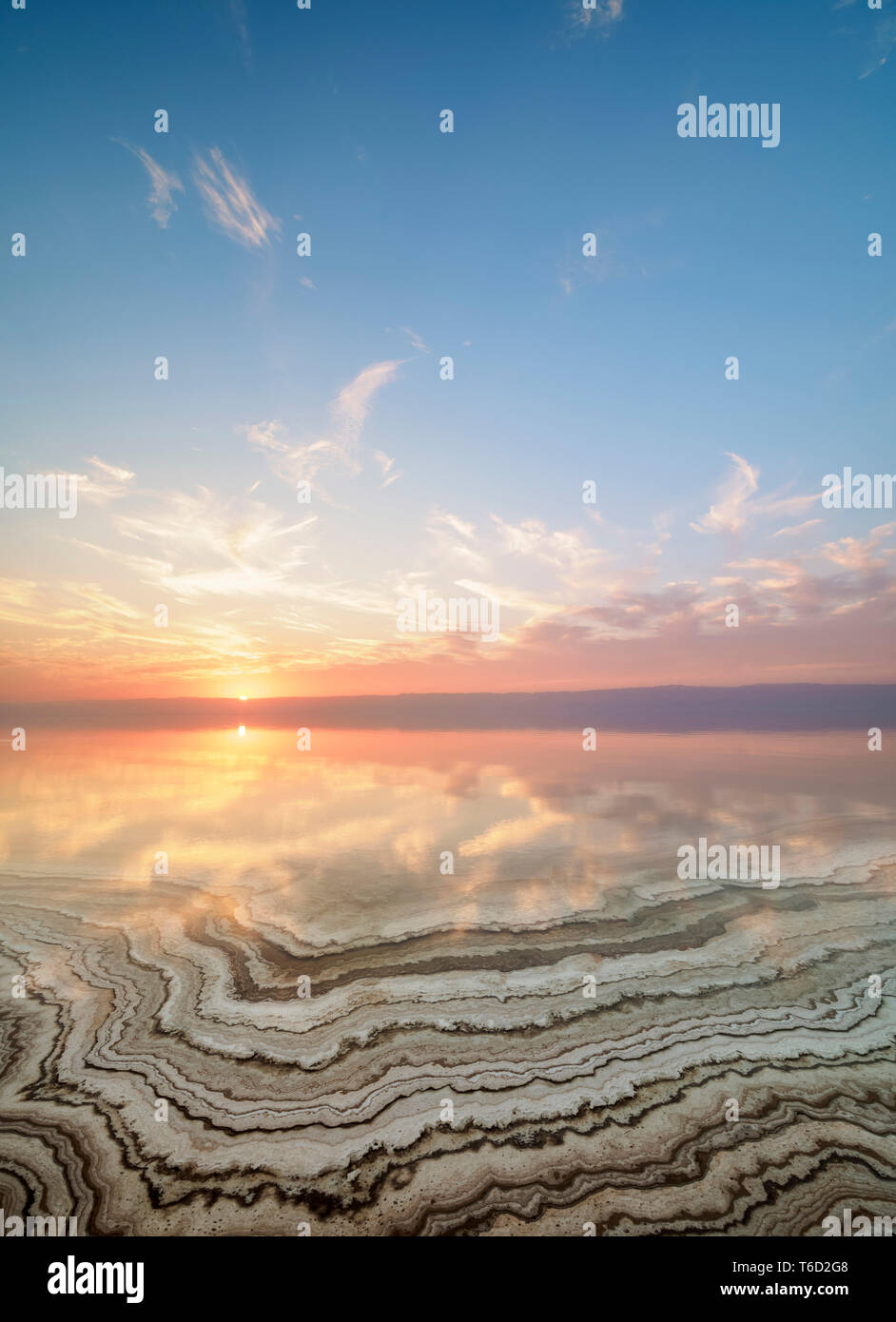 Salt Formations on the shore of the Dead Sea at sunset, Karak Governorate, Jordan Stock Photo