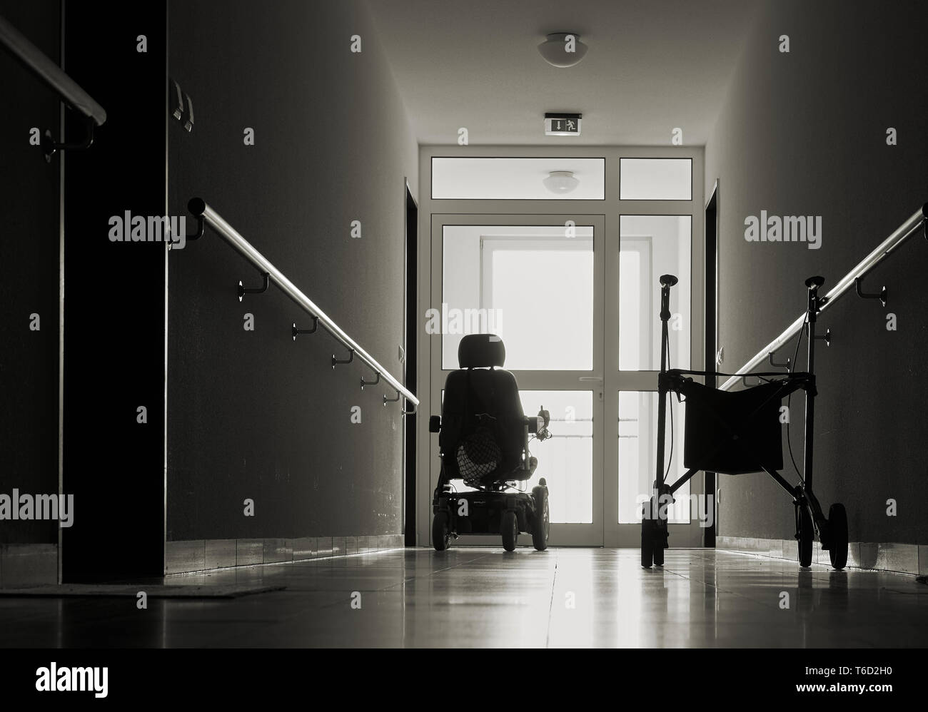 lonely corridor with walker in a nursing home Stock Photo