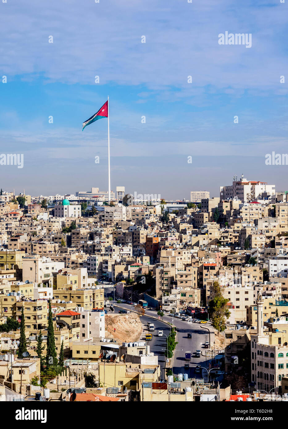 Cityscape with Raghadan Flagpole seen from Citadel Hill, Amman, Amman Governorate, Jordan Stock Photo