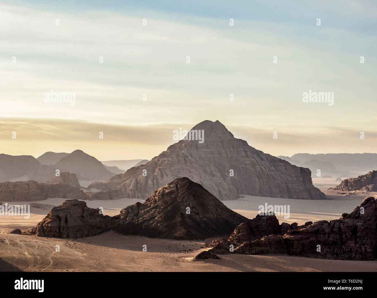 Landscape of Wadi Rum, aerial view from a balloon, Aqaba Governorate, Jordan Stock Photo