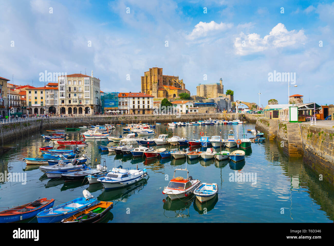 Spain, Cantabria, Castro-Urdiales, harbour, Santa Maria church and Santa Ana castle Stock Photo