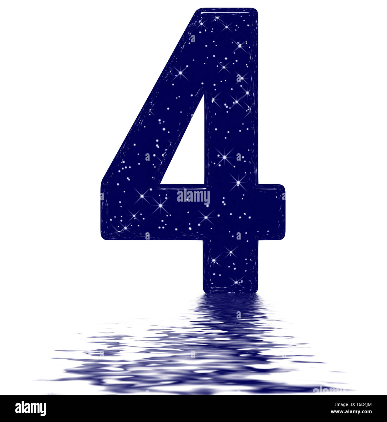 Numeral 4, four, star sky texture imitation, reflected on the water surface, isolated on white, 3d render Stock Photo