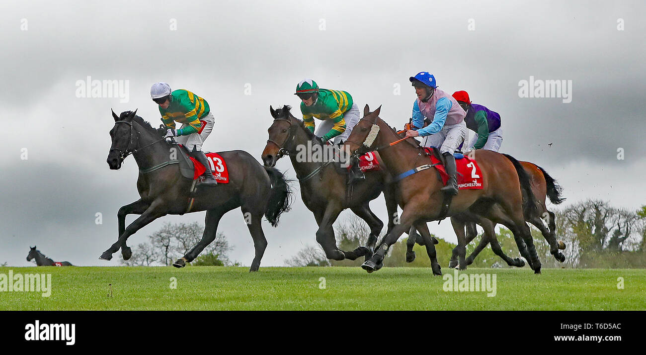 Blue Templar (5) ridden by Ray Barron goes on to win The Kildare Hunt Club Fr Sean Breen Memorial Steeplechase for the Ladies Perpetual Cup during day one of the Punchestown Festival at Punchestown Racecourse, County Kildare, Ireland. Stock Photo