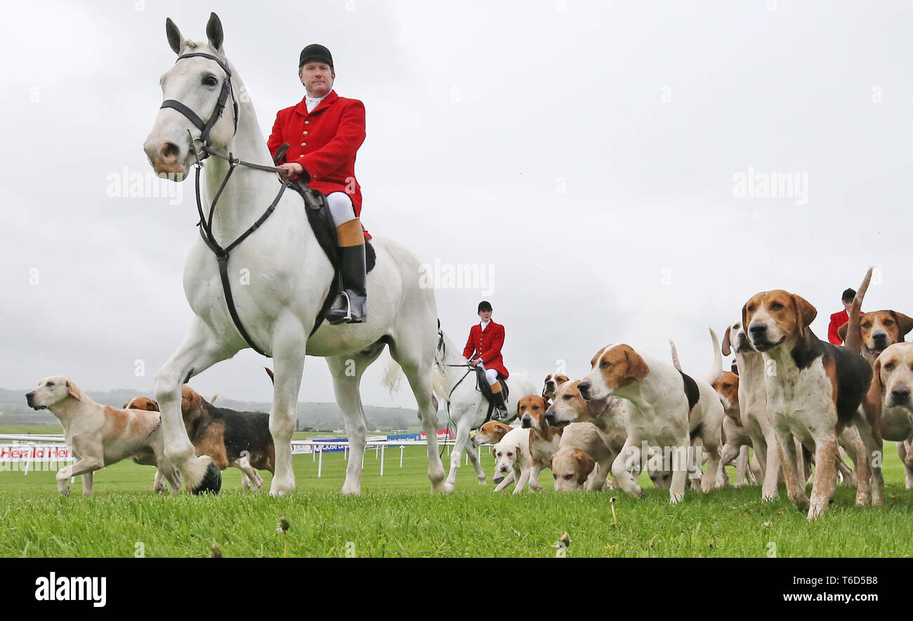 Members of the Kildare Hunt before The Kildare Hunt Club Fr Sean Breen Memorial Steeplechase for the Ladies Perpetual Cup during day one of the Punchestown Festival at Punchestown Racecourse, County Kildare, Ireland. Stock Photo