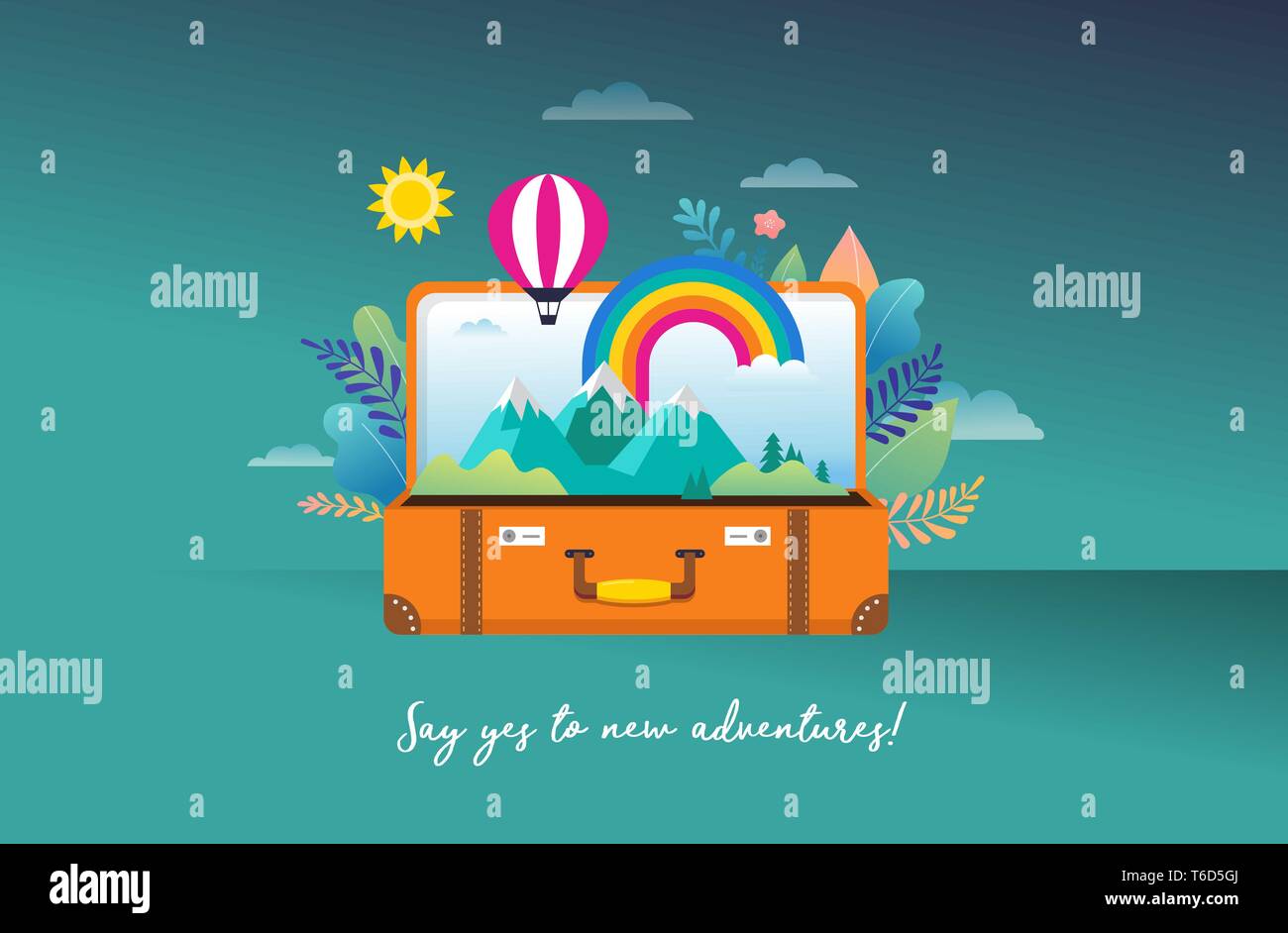 Travel, tourism, adventure scene with open suitcase, leaves, rainbow and miniature people, modern flat style. Vector illustration Stock Vector
