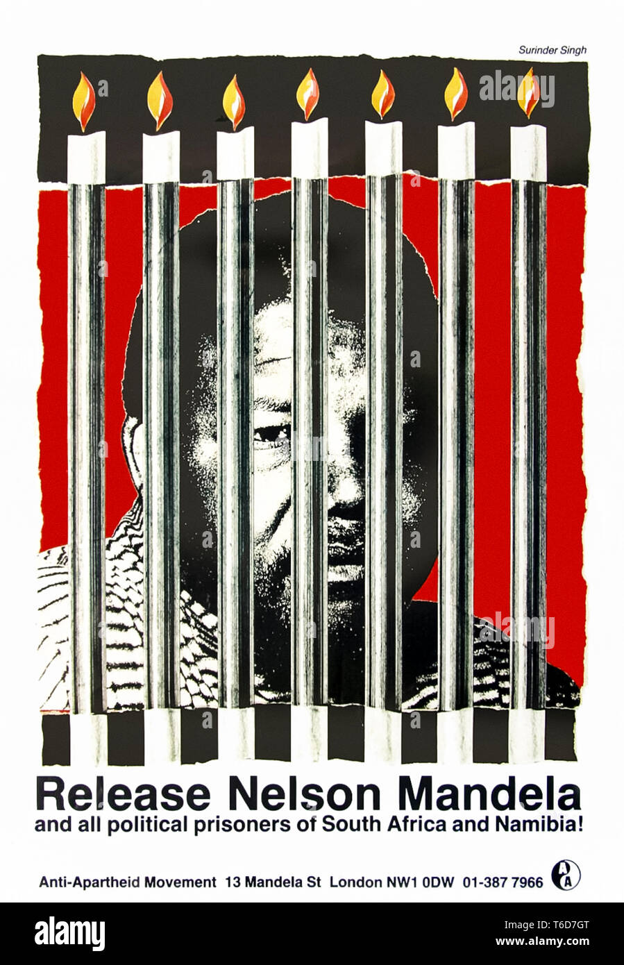 “Release Nelson Mandela and all political prisoners of South Africa and Namibia!” 1988 campaign poster produced by the British Anti-Apartheid Movement and designed by Surinder Singh. Stock Photo