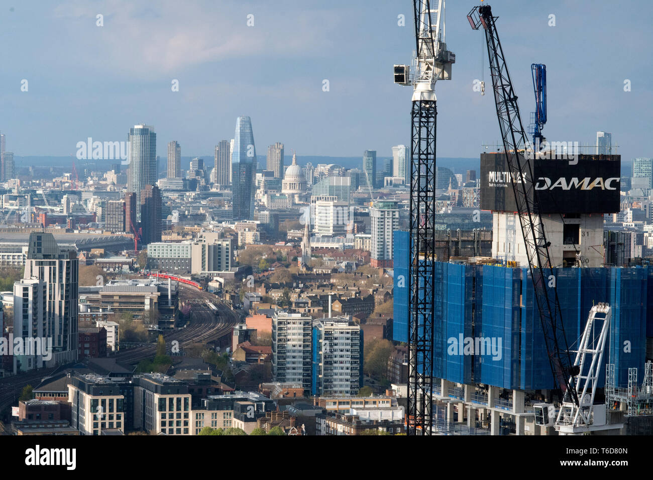 Ongoing construction work at DAMAC Tower, a 50- storey North Tower and a 24-storey South Tower in Nine Elms south London. April 13, 2019. Stock Photo