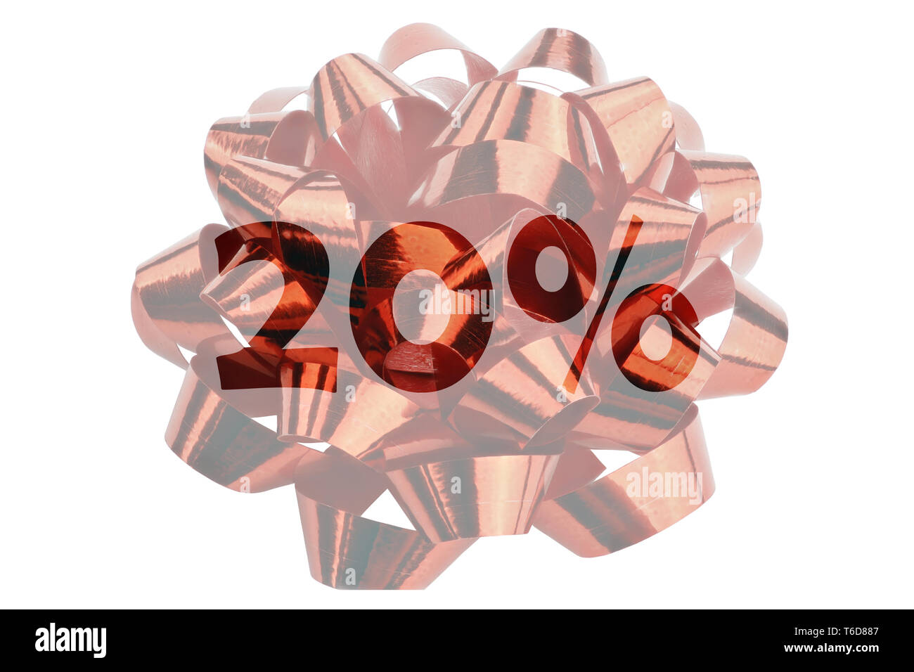 Symbol for 20 percent save with text 20% highlighted in front of red gift ribbon Stock Photo