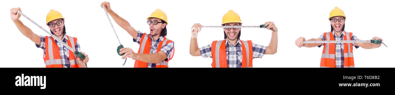 Funny construction worker with tape-line isolated on white Stock Photo
