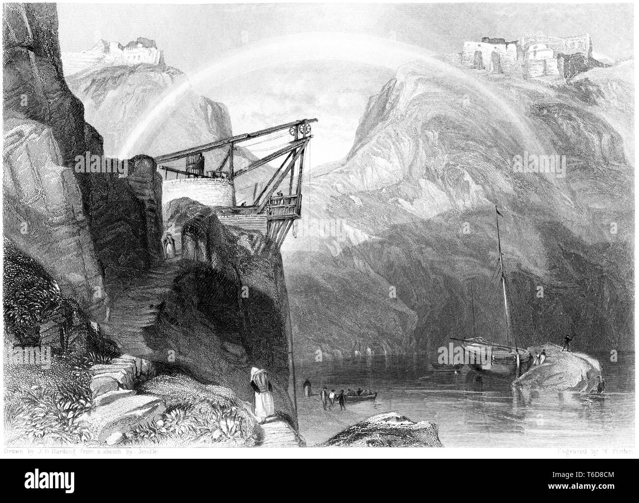 An engraving of Tintagel Castle scanned at high resolution from a book published in 1842.  Believed copyright free. Stock Photo