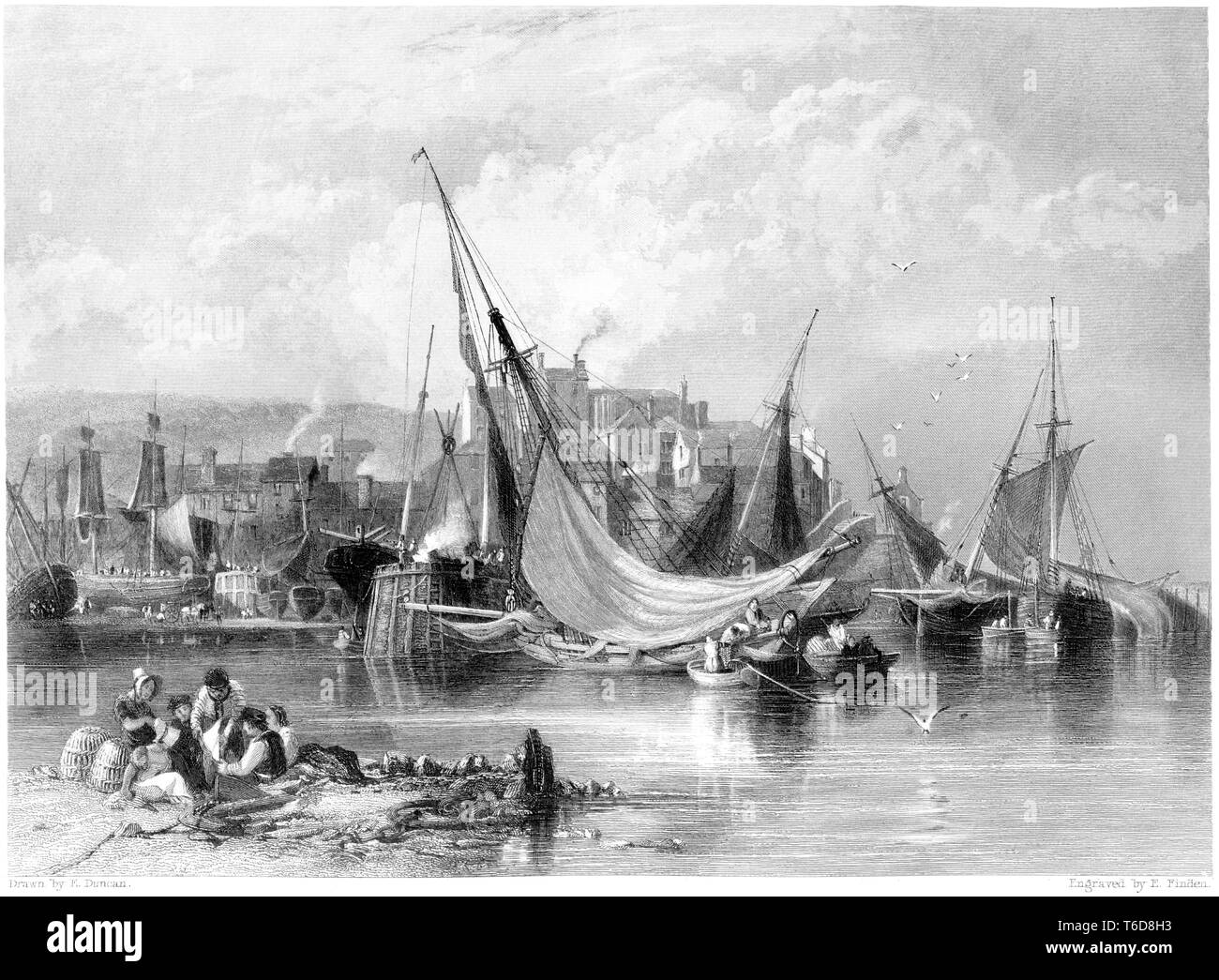 An engraving of Brixham scanned at high resolution from a book published in 1842.  Believed copyright free. Stock Photo