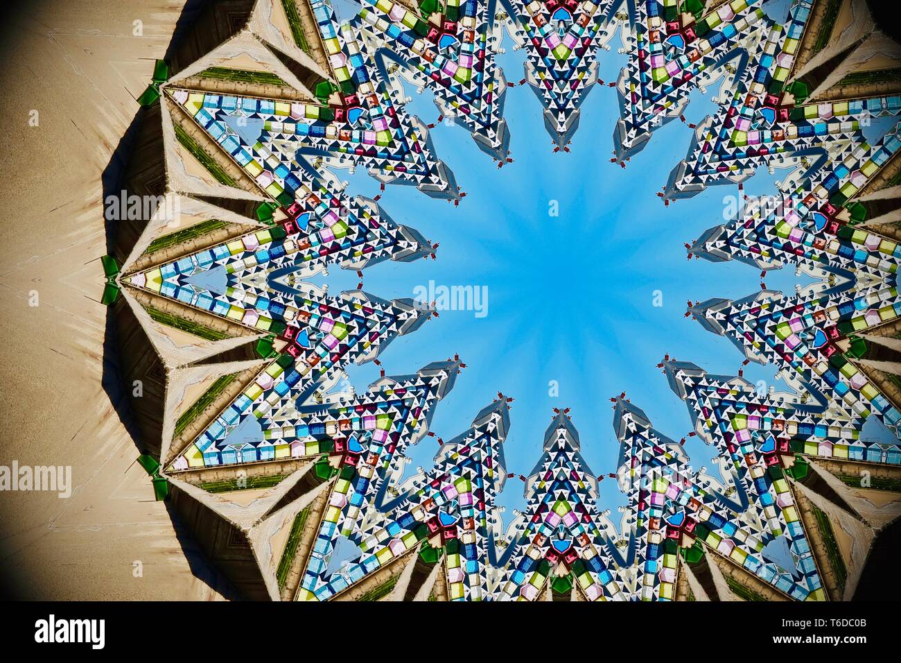 Abstract beach hut image created using a kaleidoscope filter. Stock Photo