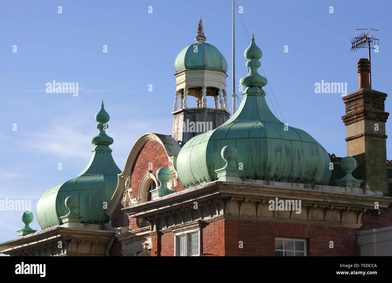 Squat ogee domes on top of the Stage Door pub, Compton Street, Eastbourne. (Formerly the Buccaneer pub.) Stock Photo