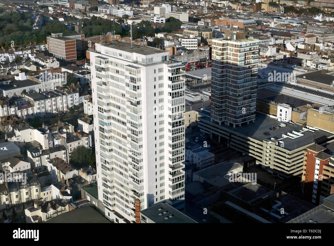 Looking down on Sussex Heights (the white tower block) in Brighton, from the i360. Stock Photo