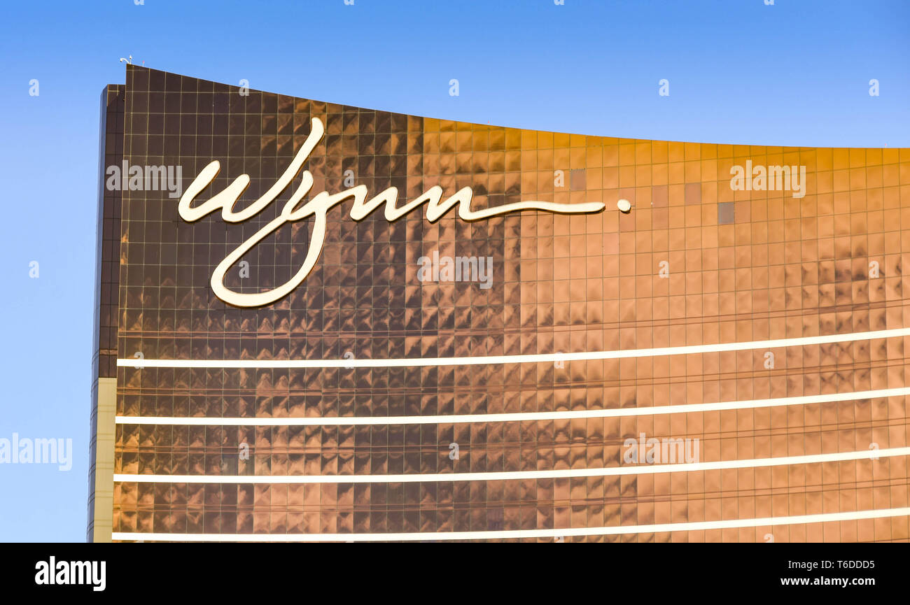 LAS VEGAS, NV, USA - FEBRUARY 2019: Close up view of the sign on top of the Wynn Hotel and Resort on Las Vegas Boulevard. Stock Photo