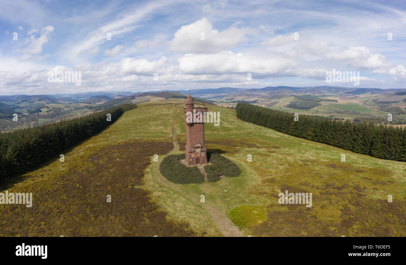 Aerial view of Airlie Memorial Monument on Tulloch Hill between Glen Prosen and Glen Clova, near Kirriemuir, Angus, Scotland. Stock Photo