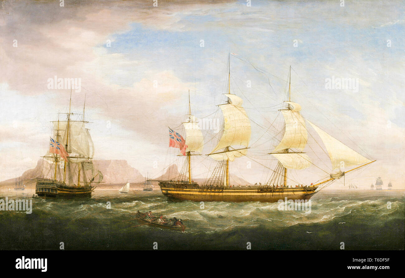 A British East Indiaman ship in two positions off Dover, painting attributed to Dominic Serres, 18th Century Stock Photo