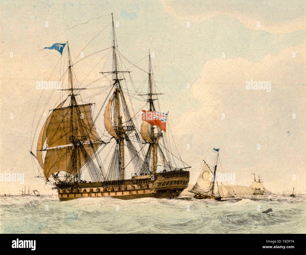 The Thames East Indiaman ship, hand coloured engraving  by Edward William Cooke, 1819 Stock Photo