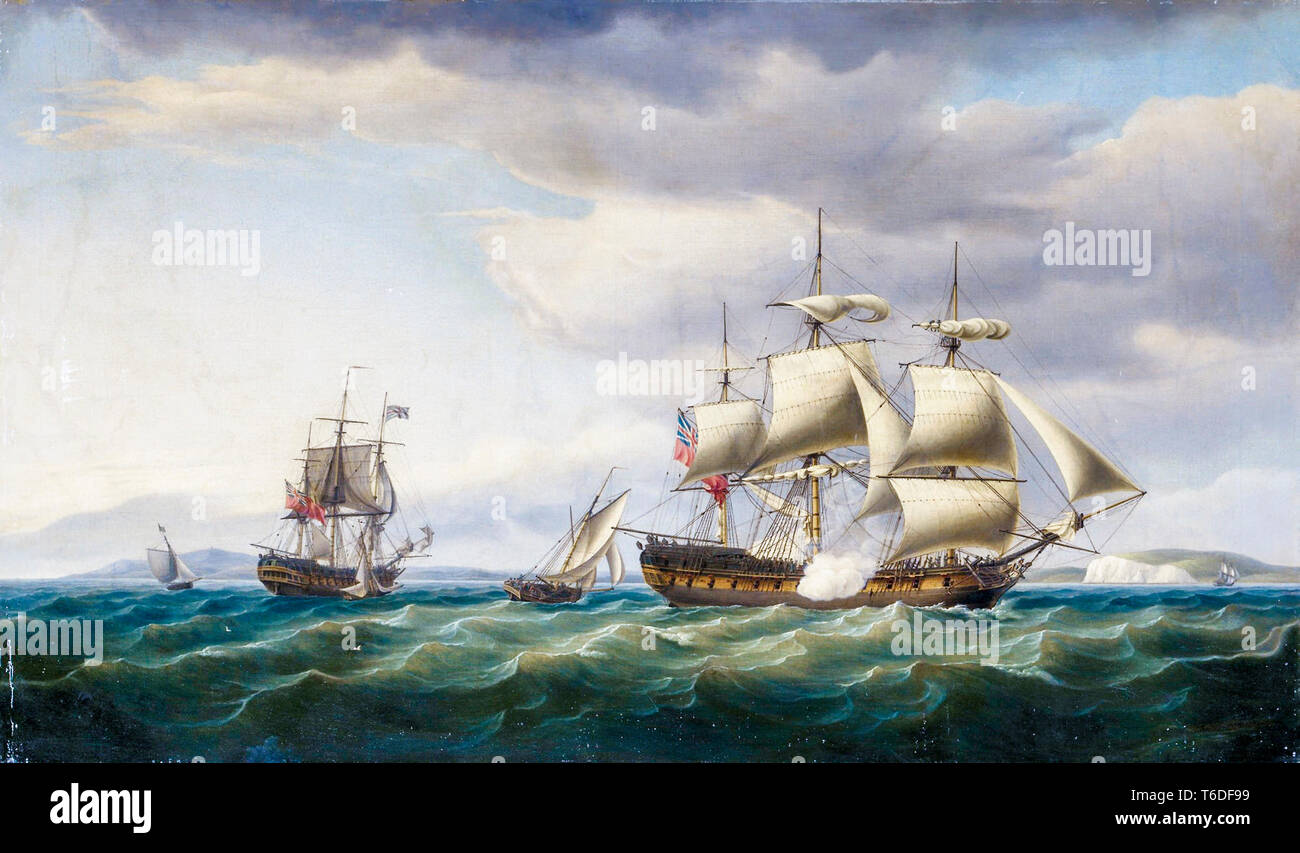 The East Indiaman ship Rodney in two positions off the English coast, firing a salute to mark her safe return from Bengal in August, 1788, painting by Thomas Whitcombe, 1788 Stock Photo