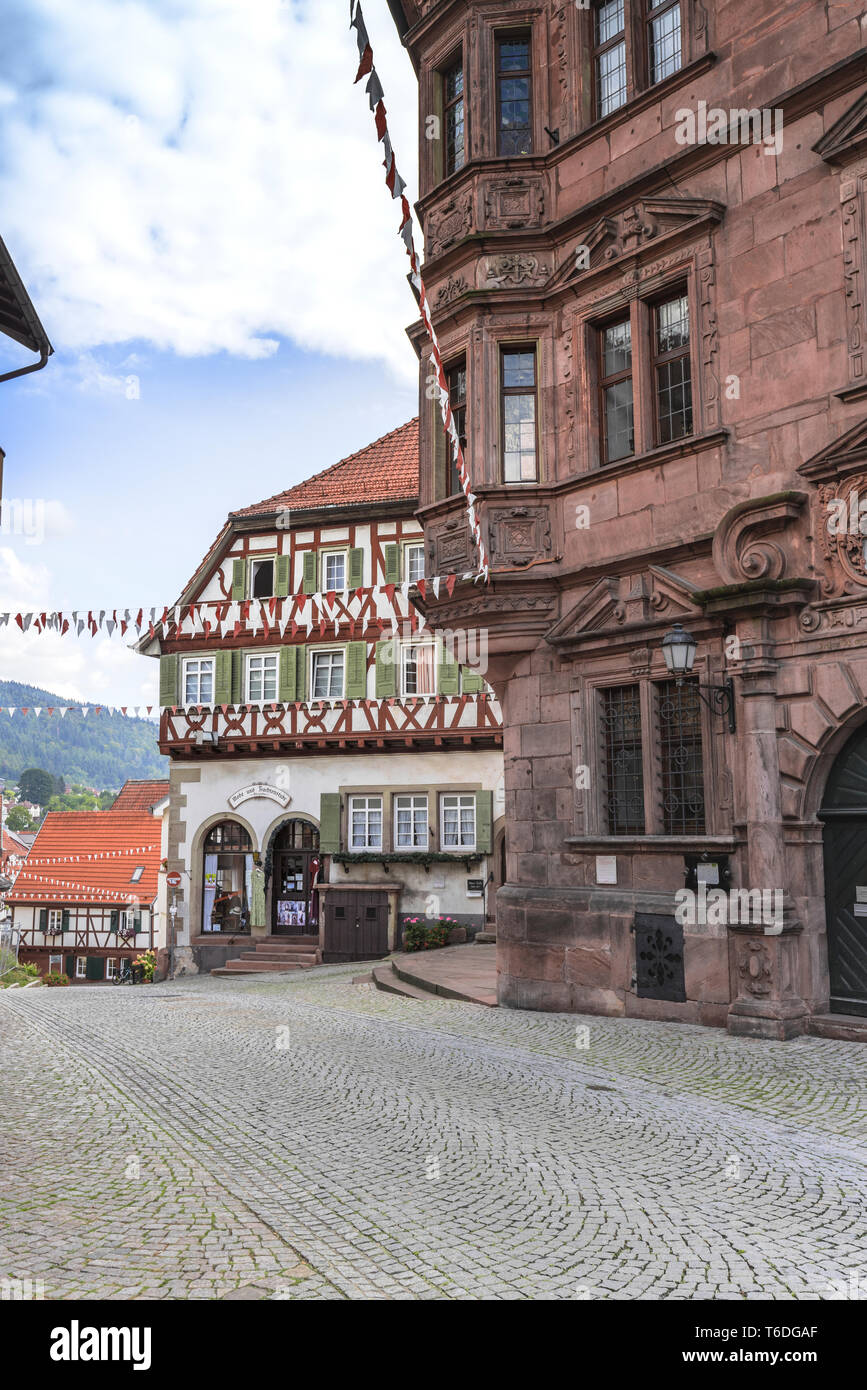 lane of Reichenbach, town Gernsbach, Murg valley of the Northern Black Forest, Germany, half-timbered house and town hall Stock Photo