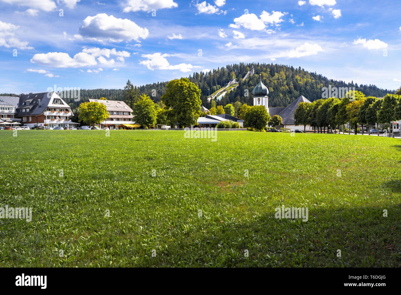 the community Hinterzarten with a view to the ski jumping complex Adler Ski Stadium, High Black Forest, Germany, district of Freiburg Stock Photo