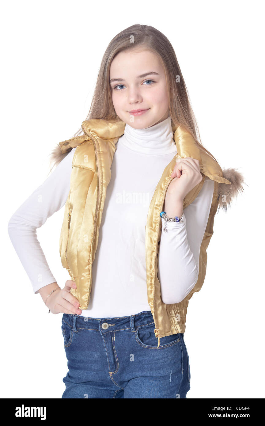Happy little girl posing on white background Stock Photo - Alamy