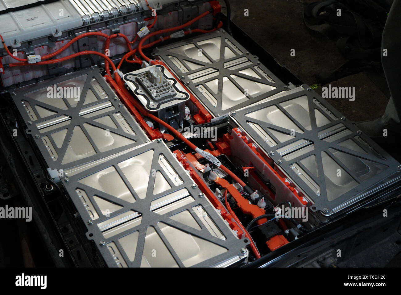 Nissan Leaf Battery Box Opened with battery cells Stock Photo Alamy