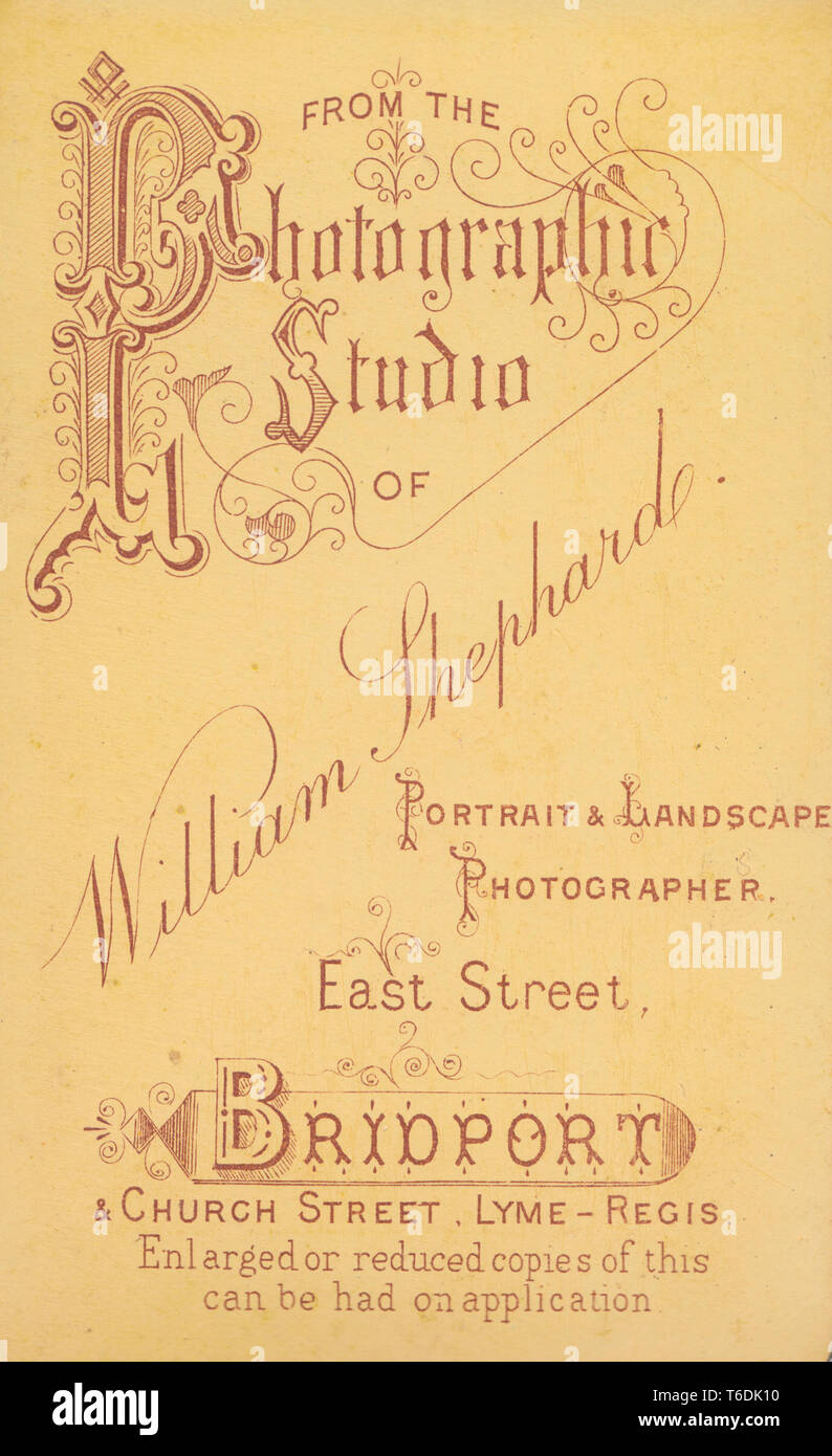 Victorian Advertising CDV (Carte De Visite) Showing The Illustration and Calligraphy From William Shephard, Portrait & Landscape Photographer, East Street, Bridport & Church Street, Lyme Regis. Stock Photo