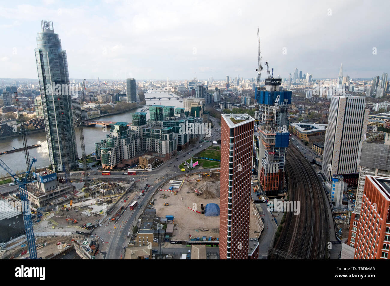 One Nine Elms Foundations (L) Damac Tower (R), Nine Elms, south London, by St George Wharf Tower on 13/04/2019 Stock Photo