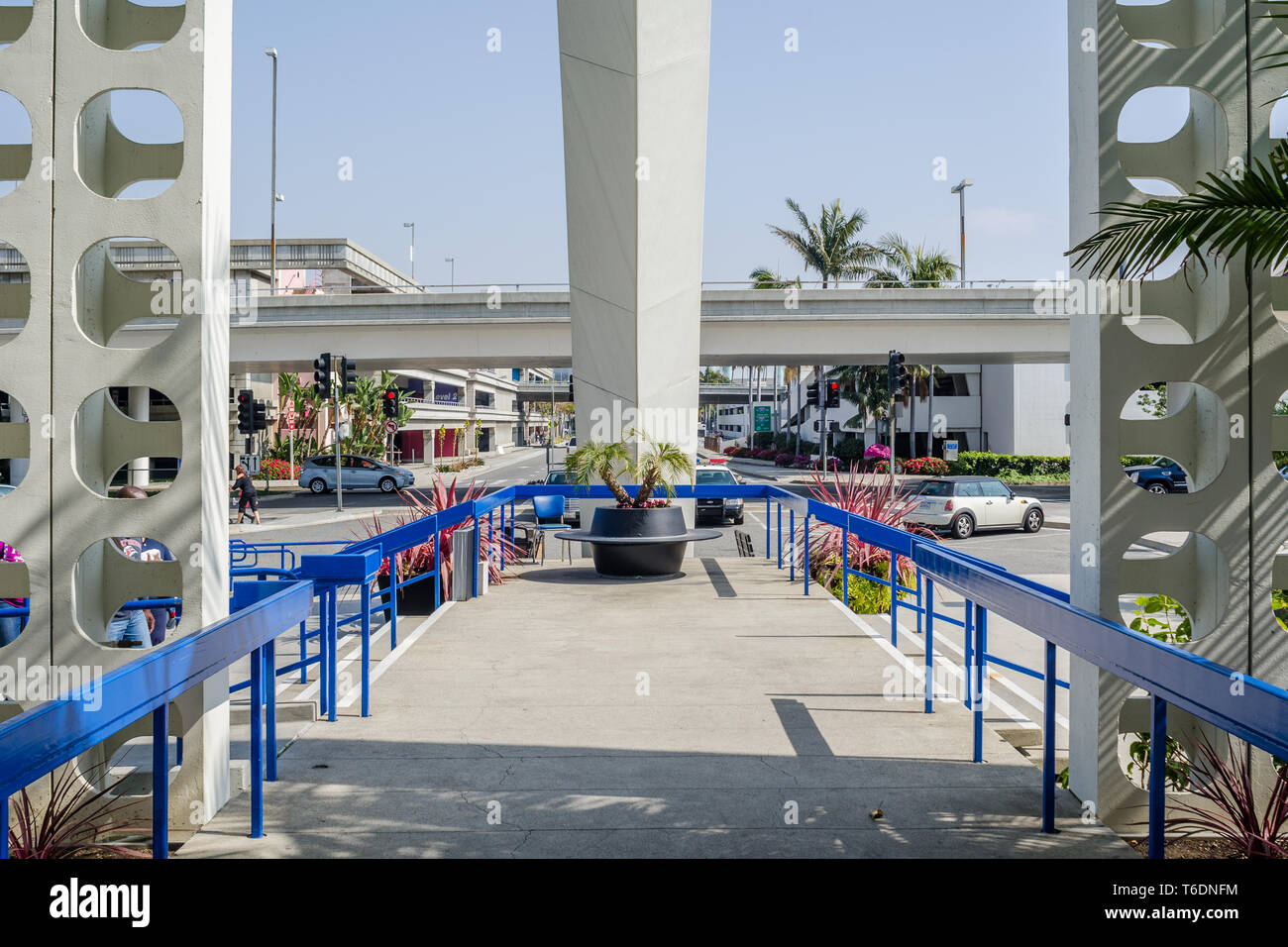 Los Angeles Airport Theme building close up from ground level with landscaping Stock Photo