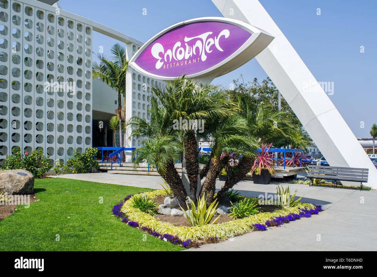 Los Angeles Airport Theme building close up from ground level with landscaping Stock Photo